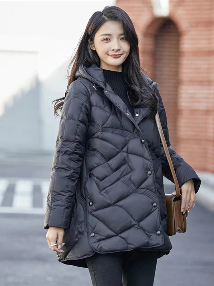 Lagabogy-abrigo holgado de plumón de pato blanco para mujer, Tops Vintage de un solo pecho, chaqueta acolchada cálida con capucha y bolsillo para mujer, exterior, 2025