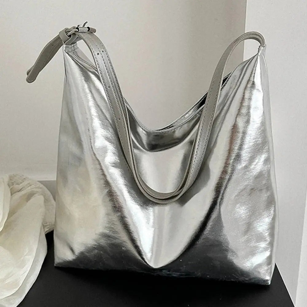 Bolso de mano con asa superior de PU para mujer, bolso de compras de diseñador de lujo, bolso de mano informal de cuero dorado plateado de alta capacidad, moda