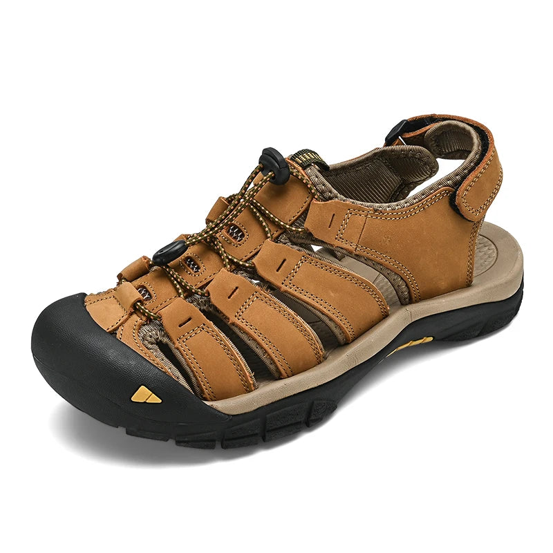Sandalias de piel auténtica para hombre, zapatos informales transpirables de diseño a la moda, fondo suave, talla grande, para playa y exteriores, novedad de verano