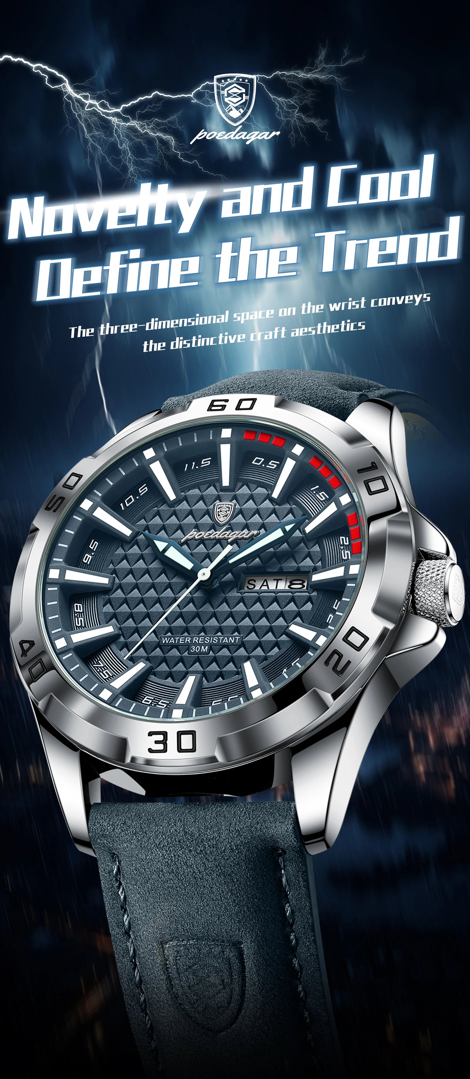Reloj de pulsera POEDAGAR Original para hombre, Reloj de lujo resistente al agua con fecha luminosa y semana para hombre, relojes deportivos de cuero de cuarzo para hombre