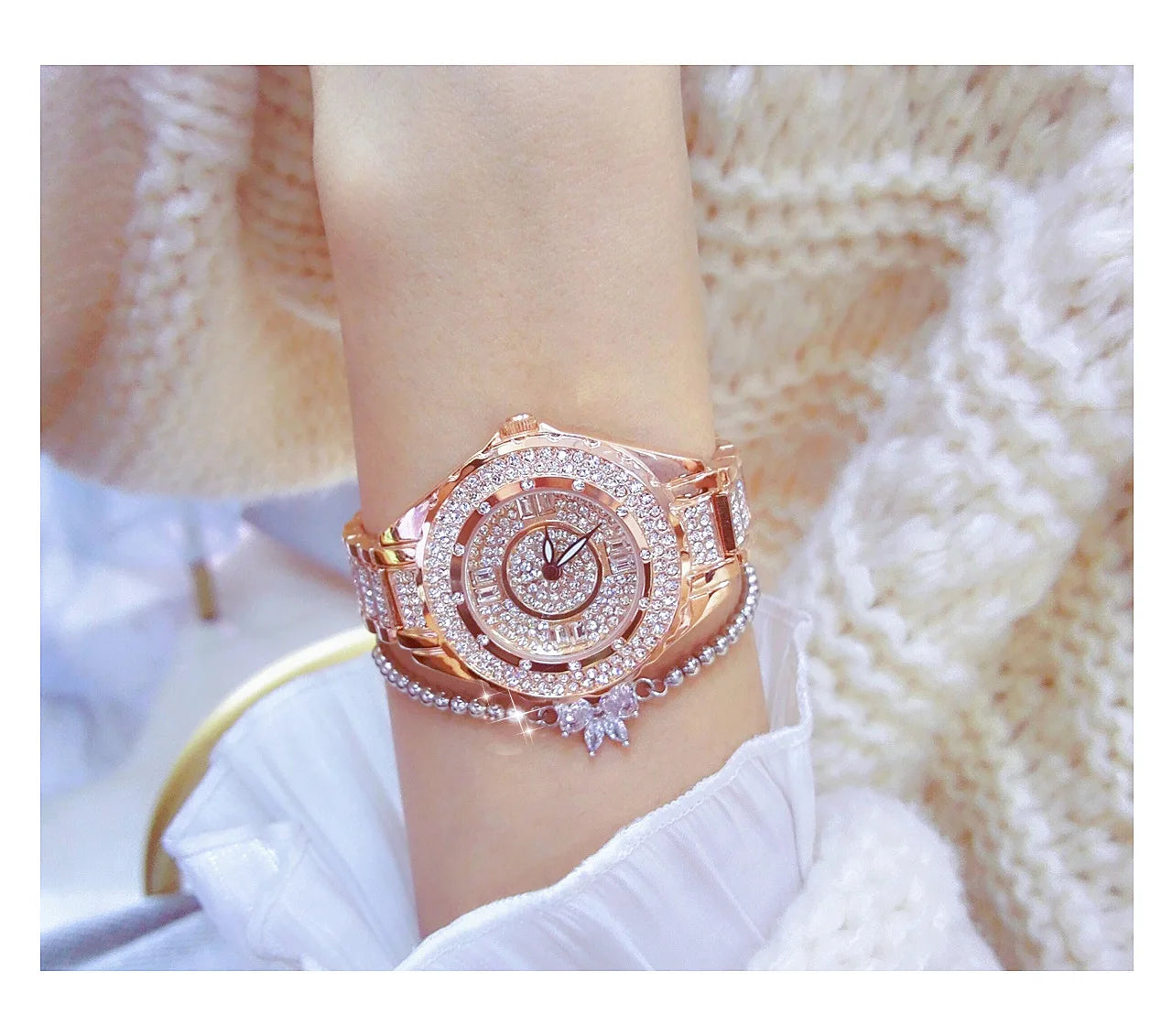 2025 relojes de diamantes de cristal para mujer, reloj elegante Original de oro para mujer con conjunto de pulsera, regalo de oro rosa para novia y esposa