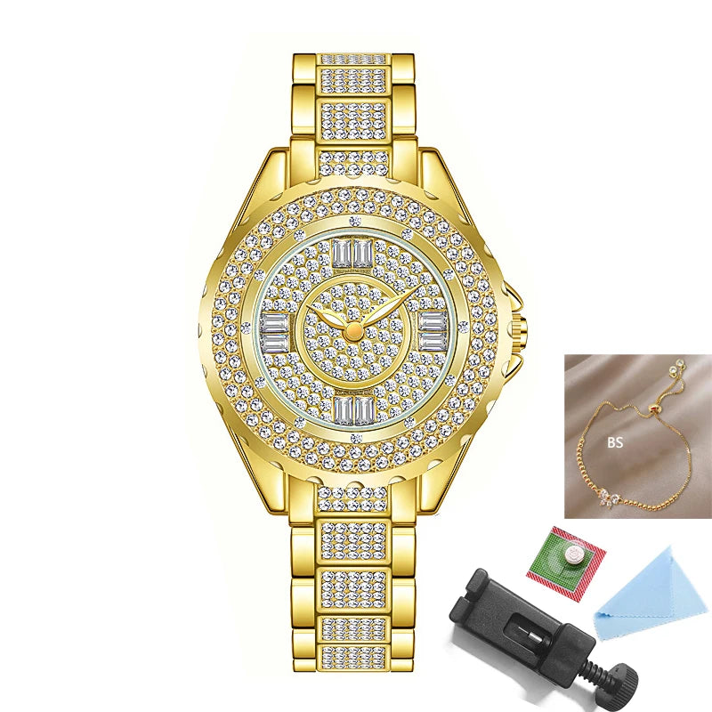 2025 relojes de diamantes de cristal para mujer, reloj elegante Original de oro para mujer con conjunto de pulsera, regalo de oro rosa para novia y esposa
