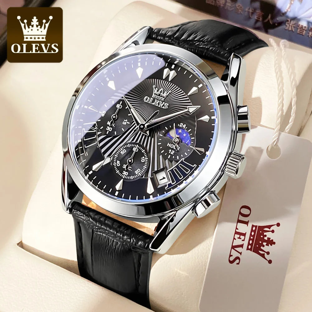 OLEVS 2876 reloj para hombre con correa de cuero reloj de cuarzo resistente al agua fase lunar luminosa relojes cronógrafo multifuncionales para regalo de hombre