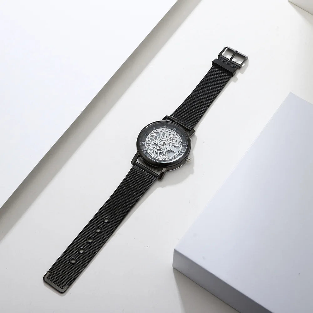 Top de moda para mujer, reloj mecánico de imitación con esqueleto hueco, relojes de pulsera de cuarzo de malla metálica para mujer, reloj femenino