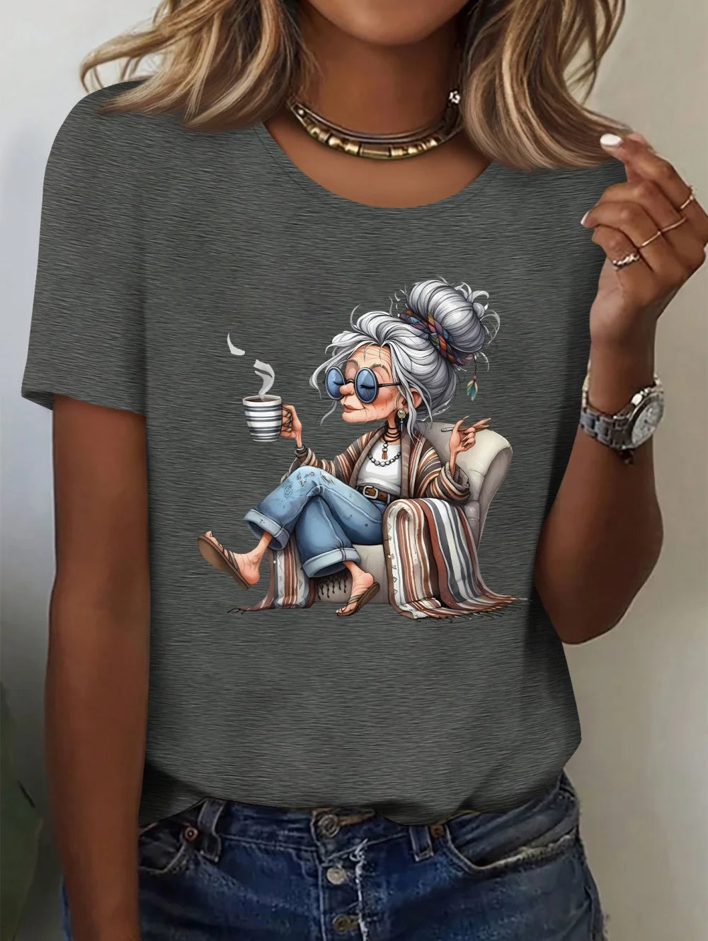Women's Granny Graphic Print Elegant T-Shirt, Casual Summer Short Sleeve Tee, Funny Cute Crewneck T Shirts, Casual Clothes for Women