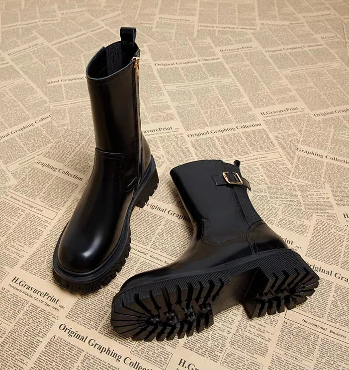 Botas medio altas para mujer, zapatos Chelsea con punta redonda a media pantorrilla para mujer, calzado marrón de tacón medio, oferta gótica de entretiempo para primavera y otoño