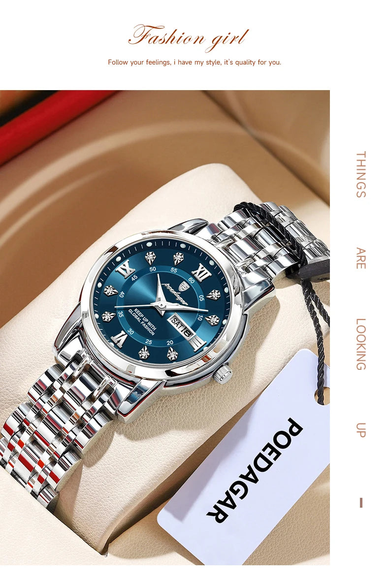 POEDAGAR, reloj de pulsera de lujo para mujer, resistente al agua, luminoso, fecha, semana, relojes para mujer, vestido elegante de acero inoxidable, reloj de cuarzo para mujer