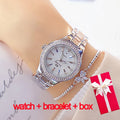 Relojes de pulsera de acero inoxidable para mujer, reloj dorado con diamantes de cristal, plateado