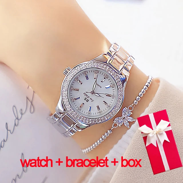 Relojes de pulsera de acero inoxidable para mujer, reloj dorado con diamantes de cristal, plateado