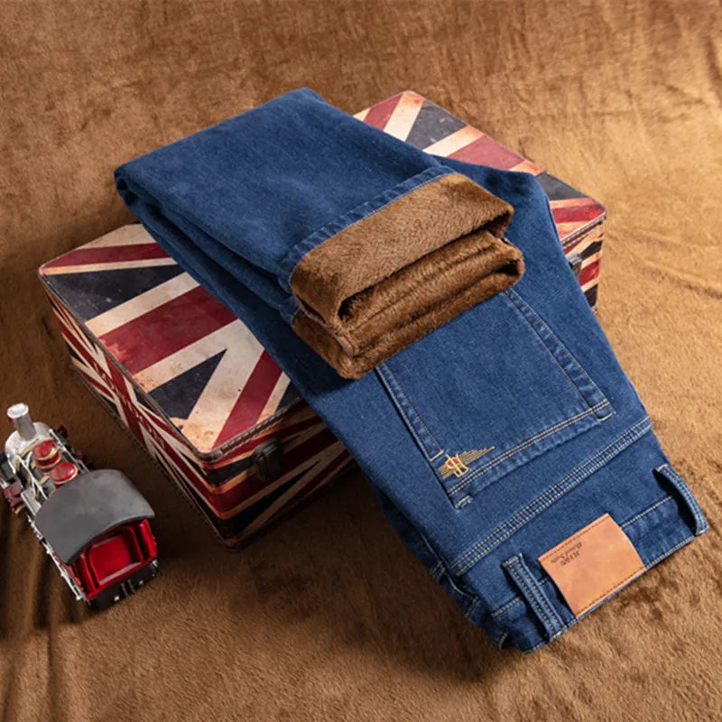 Pantalones vaqueros cálidos para hombre, pantalones de lana gruesos y cálidos para invierno, pantalones vaqueros informales holgados y rectos de talla grande 44 46 48, pantalones clásicos