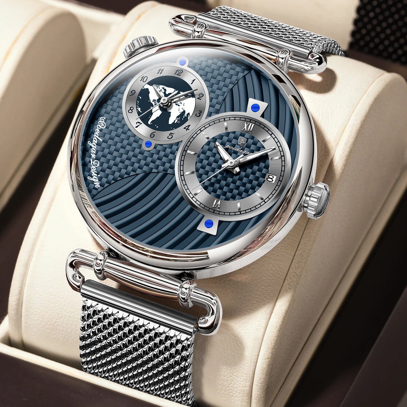 Reloj de hombre POEDAGAR de moda con doble zona horaria, resistente al agua, con fecha, deportivo, de malla de acero inoxidable, de cuarzo + caja.
