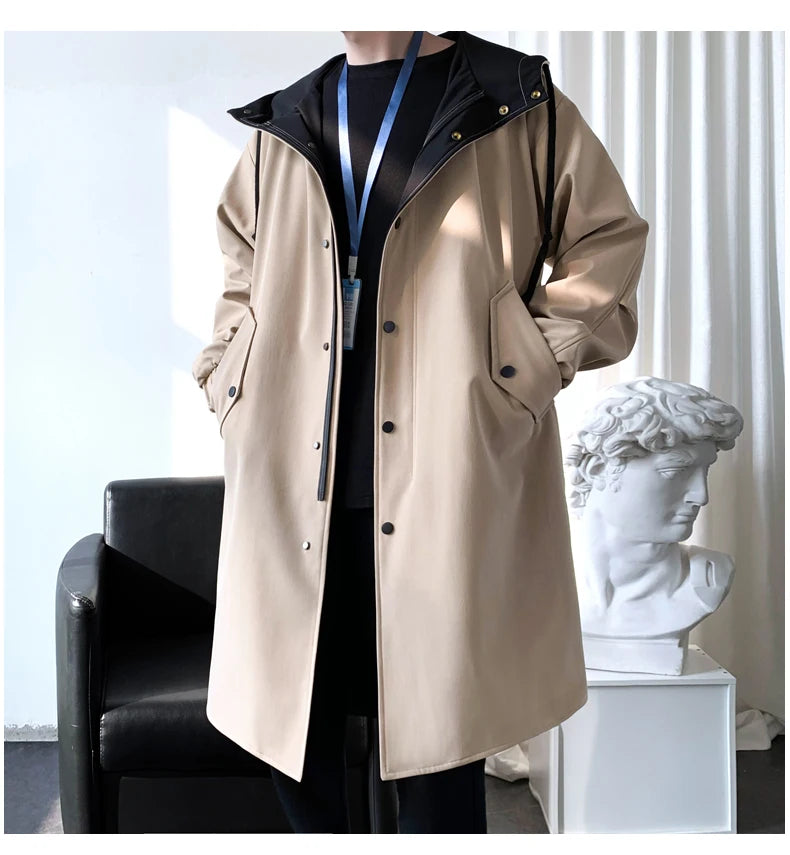 Gabardina para hombre, gabardina con capucha a la moda, otoño, longitud media, cortavientos holgado de un solo pecho, abrigo informal falso de dos piezas