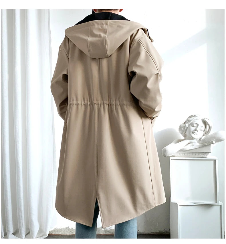 Gabardina para hombre, gabardina con capucha a la moda, otoño, longitud media, cortavientos holgado de un solo pecho, abrigo informal falso de dos piezas