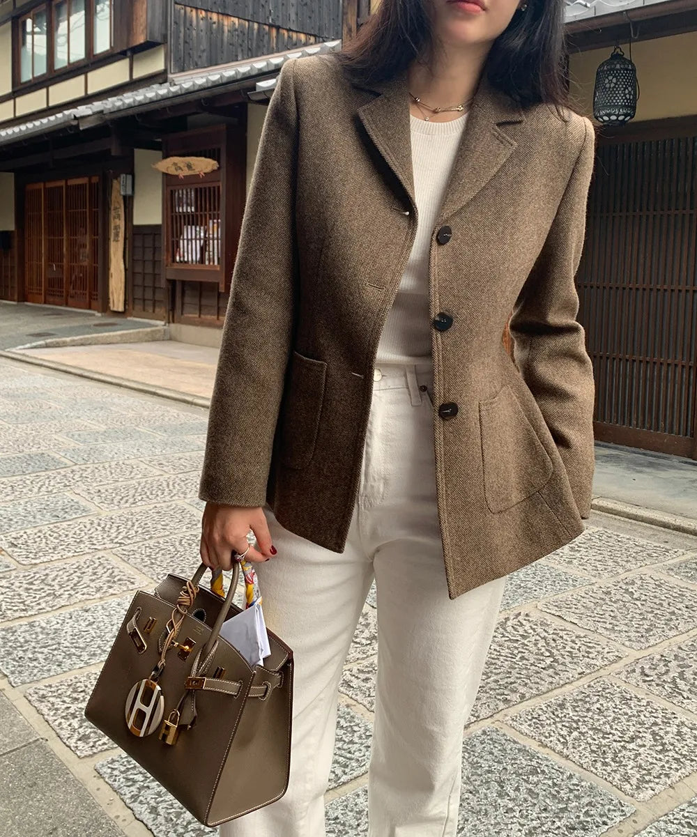 Chaqueta de traje de lana elegante coreano para mujer Otoño e Invierno Slim Fit marrón viajero abrigo de lana de gama alta Blazers ropa de mujer