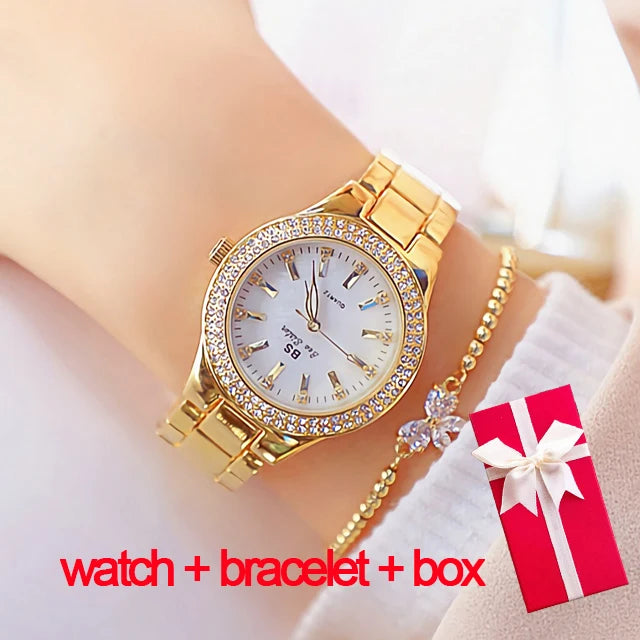 Relojes de pulsera de acero inoxidable para mujer, reloj dorado con diamantes de cristal, plateado