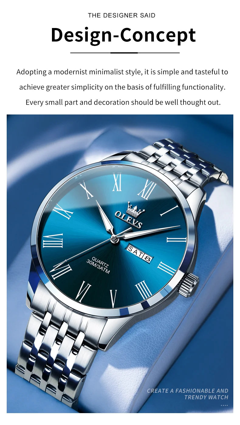 OLEVS, reloj minimalista de negocios de acero inoxidable para hombre, manecillas luminosas de lujo, calendario a escala romana, relojes de cuarzo resistentes al agua para hombre