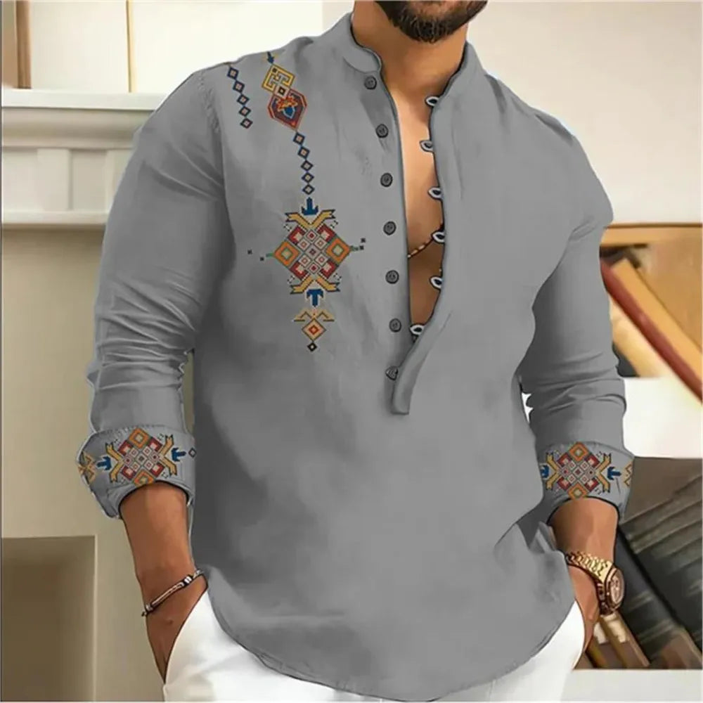 2025 Camisa de hombre de 15 colores Tribe Pattern Printing Retro Geometría Leads Outdoor Street Camisa de manga larga Tamaño súper grande S-5XL