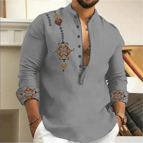 2025 Camisa de hombre de 15 colores Tribe Pattern Printing Retro Geometría Leads Outdoor Street Camisa de manga larga Tamaño súper grande S-5XL