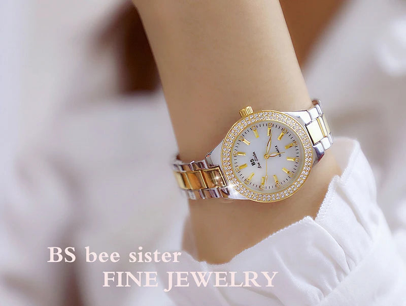 Relojes de pulsera de acero inoxidable para mujer, reloj dorado con diamantes de cristal, plateado