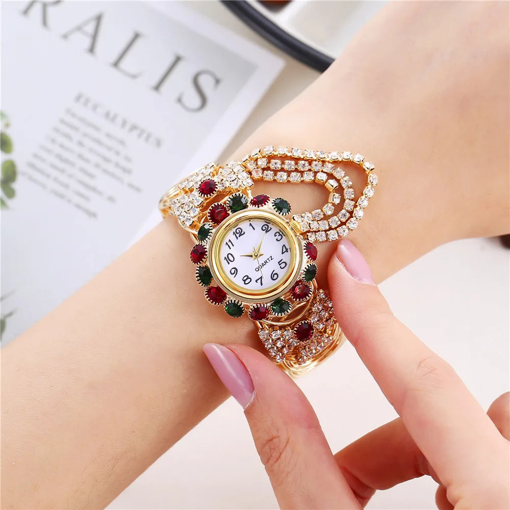 Reloj de pulsera brillante para mujer, elegante Reloj de pulsera de acero inoxidable de oro rosa de lujo, Reloj de pulsera con diamantes de imitación para mujer, Reloj saati
