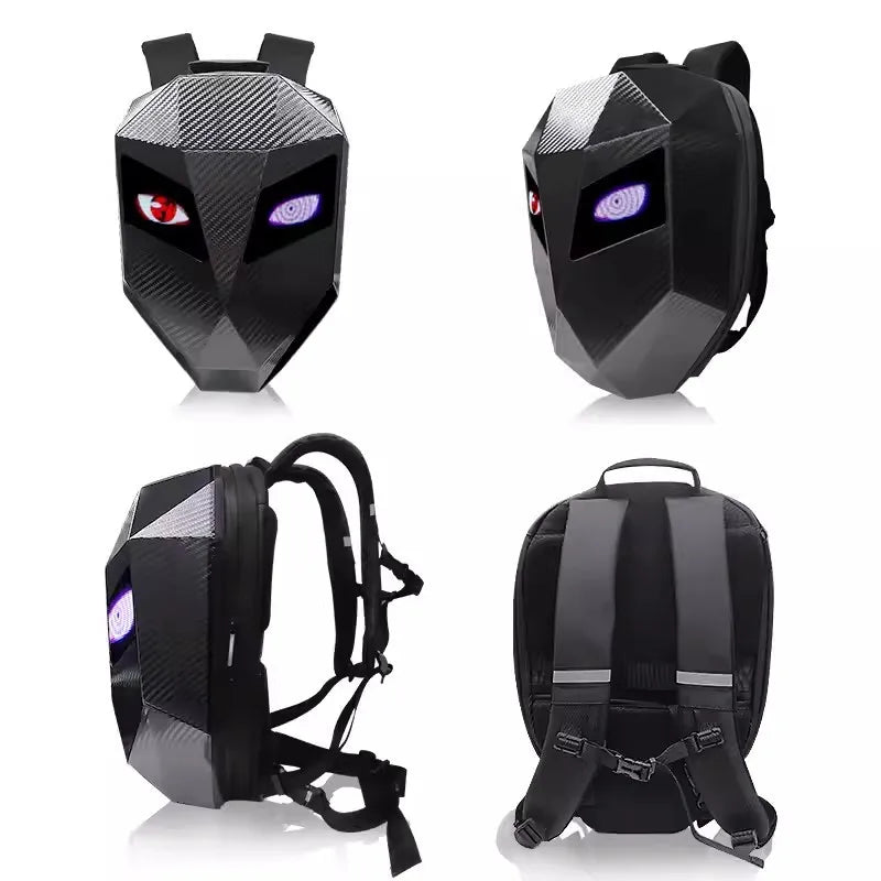 Mochila LED para Motociclistas con Ojos Brillantes, Textura de Fibra de Carbono, Casco, Mochila Escolar, Mochila para Portátil de Moto