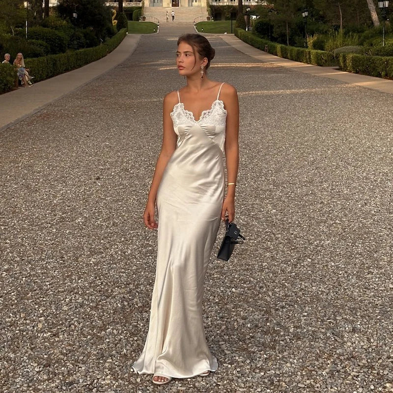 Vestido largo elegante de encaje con retazos para mujer, vestido Sexy con cuello en V sin mangas y espalda descubierta de satén, vestido largo ajustado, vestidos de fiesta de noche para mujer 2025