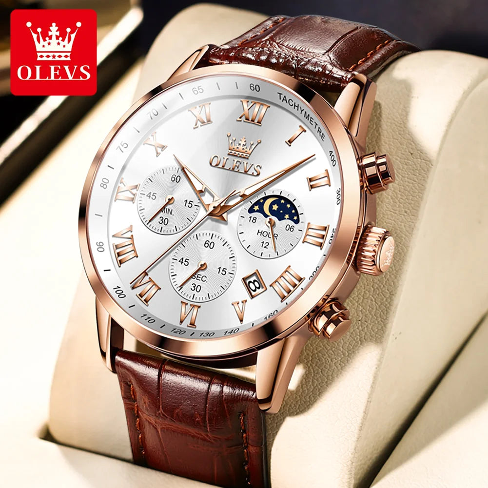 OLEVS-reloj de cuarzo deportivo para hombre, cronógrafo de lujo, resistente al agua, con correa de cuero, fase lunar, Masculino