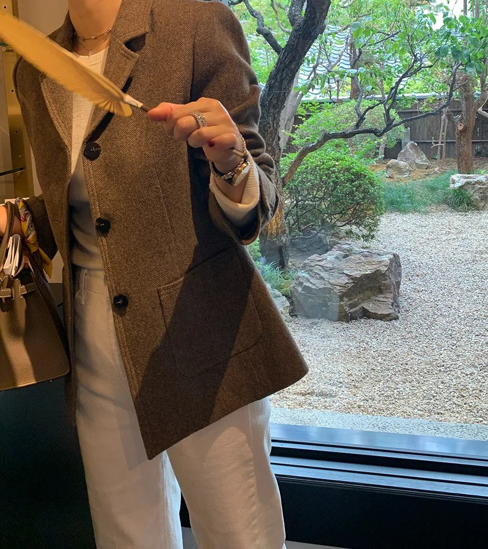 Chaqueta de traje de lana elegante coreano para mujer Otoño e Invierno Slim Fit marrón viajero abrigo de lana de gama alta Blazers ropa de mujer