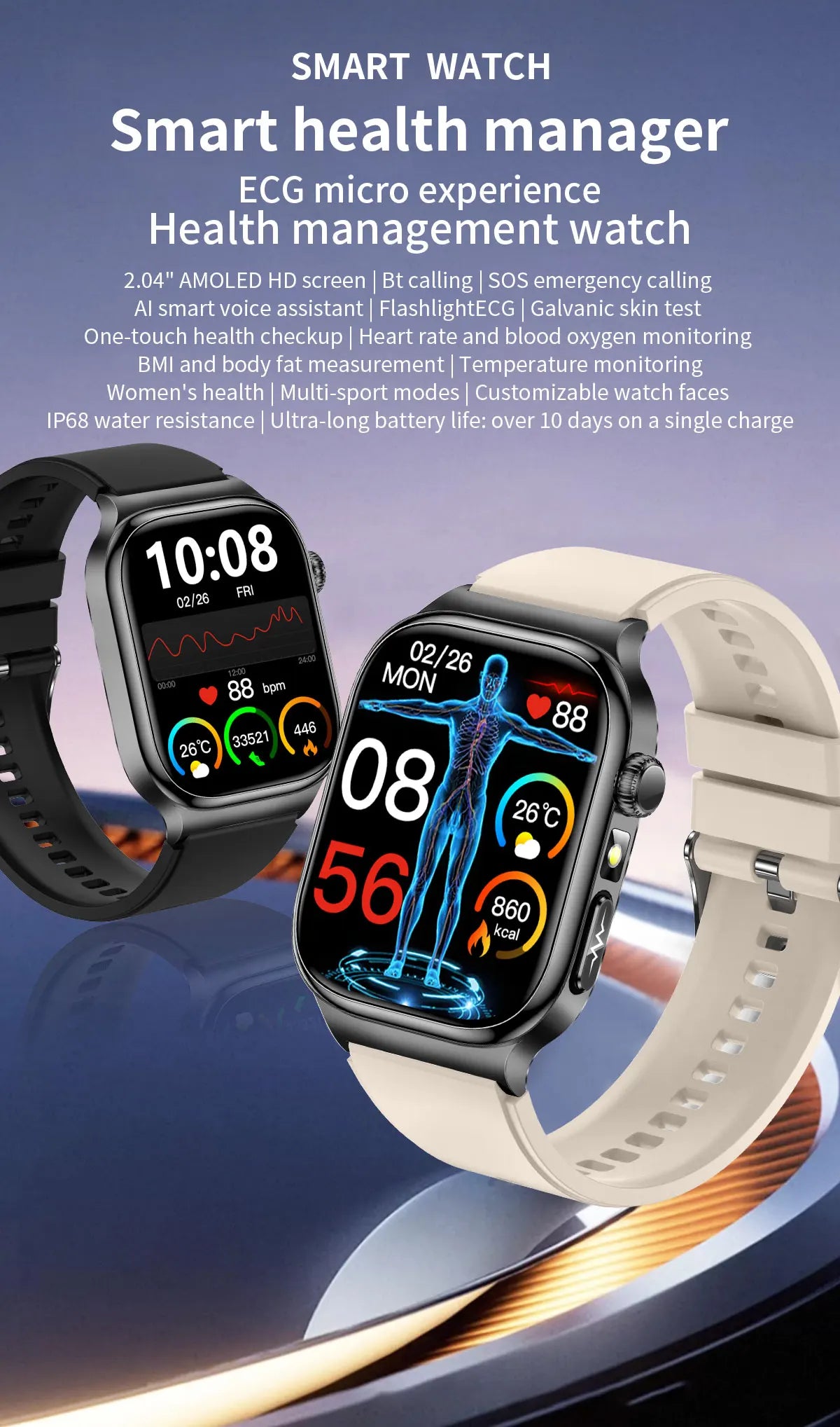 Nuevo Reloj Inteligente de Salud Nivel Hospitalario 2026 con Medición de Grasa Corporal, ECG, Oxígeno en Sangre, Presión Arterial, Pantalla AMOLED HD, Llamadas y Funciones Deportivas para Hombre