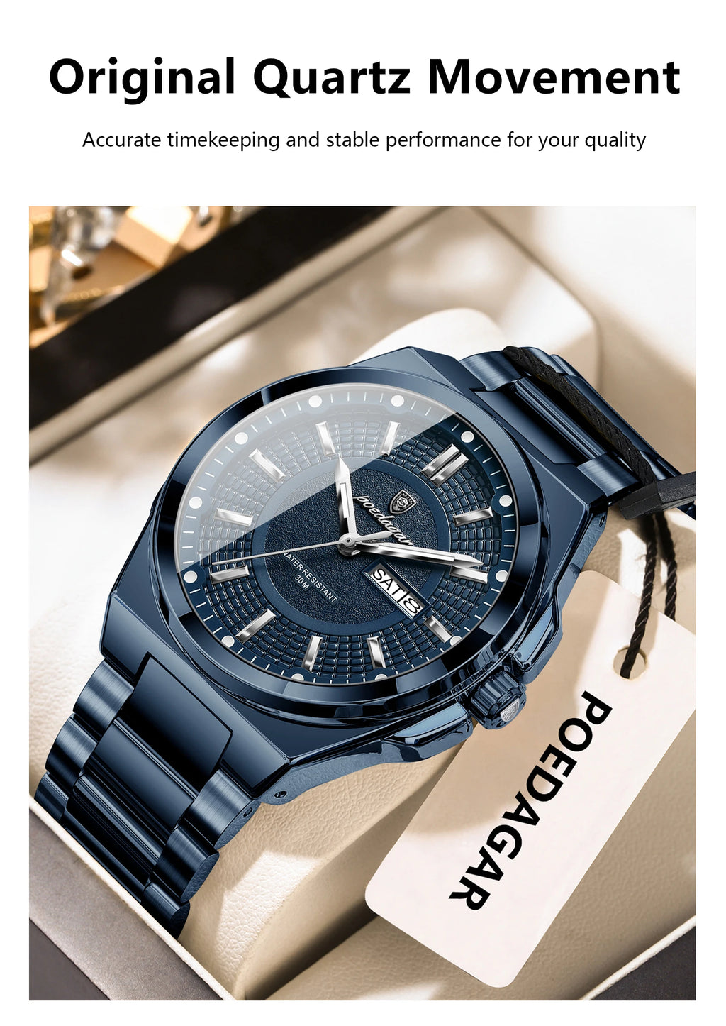Reloj deportivo POEDAGAR Original para hombre, Reloj de pulsera de cuarzo con fecha y semana de lujo para hombre, relojes luminosos resistentes al agua de acero inoxidable para hombre