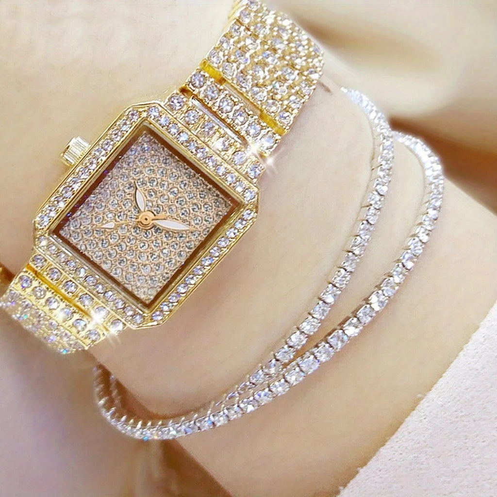 3 unids/set reloj de mujer de lujo reloj de mujer relojes de diamantes de imitación de cristal reloj de pulsera con correa de acero inoxidable de cuarzo reloj de pulsera con esfera cuadrada