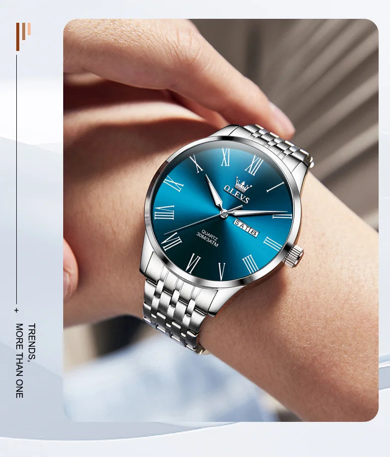 OLEVS, reloj minimalista de negocios de acero inoxidable para hombre, manecillas luminosas de lujo, calendario a escala romana, relojes de cuarzo resistentes al agua para hombre