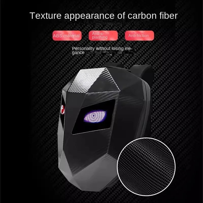 Mochila LED para motociclista, diseño de ojos brillantes, textura de fibra de carbono, casco, locomotora, mochila escolar, mochila para ordenador portátil de Moto