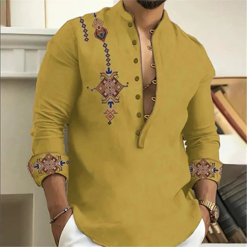 2025 Camisa de hombre de 15 colores Tribe Pattern Printing Retro Geometría Leads Outdoor Street Camisa de manga larga Tamaño súper grande S-5XL