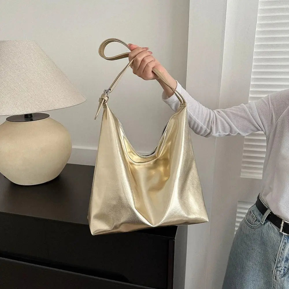 Bolso de mano con asa superior de PU para mujer, bolso de compras de diseñador de lujo, bolso de mano informal de cuero dorado plateado de alta capacidad, moda