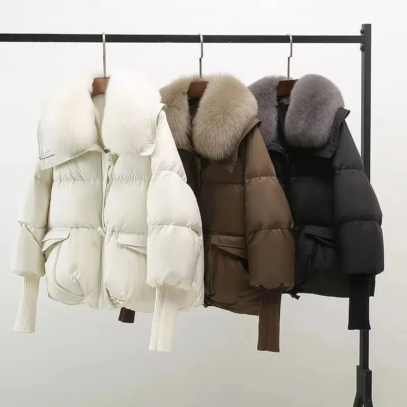Parka de invierno para mujer, abrigo informal versión coreana, prendas de vestir exteriores para mujer, temperamento grueso, cuello de piel grande, Chaqueta de algodón para mujer 2025