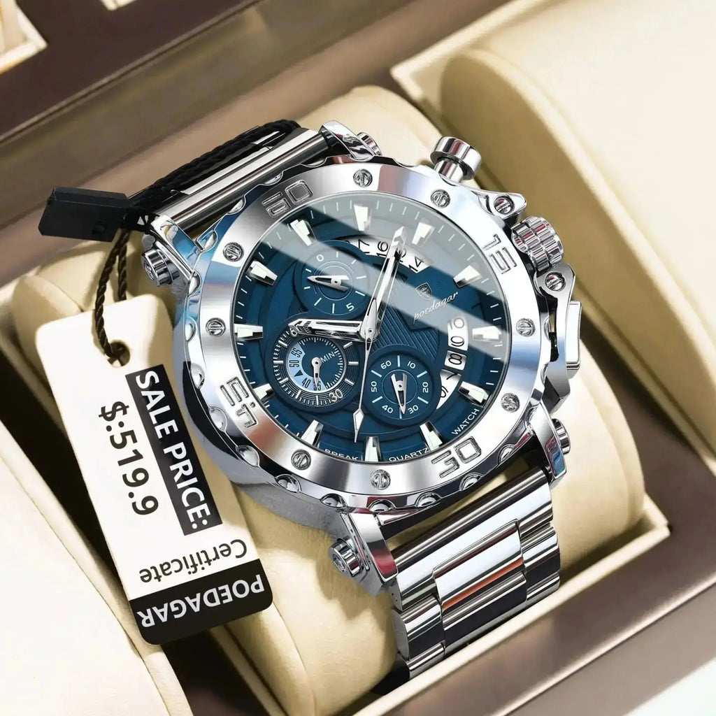 Reloj POEDAGAR de lujo para hombre, calendario luminoso, resistente al agua, Reloj para hombre, cronógrafo masculino, relojes de cuarzo de acero inoxidable para hombre
