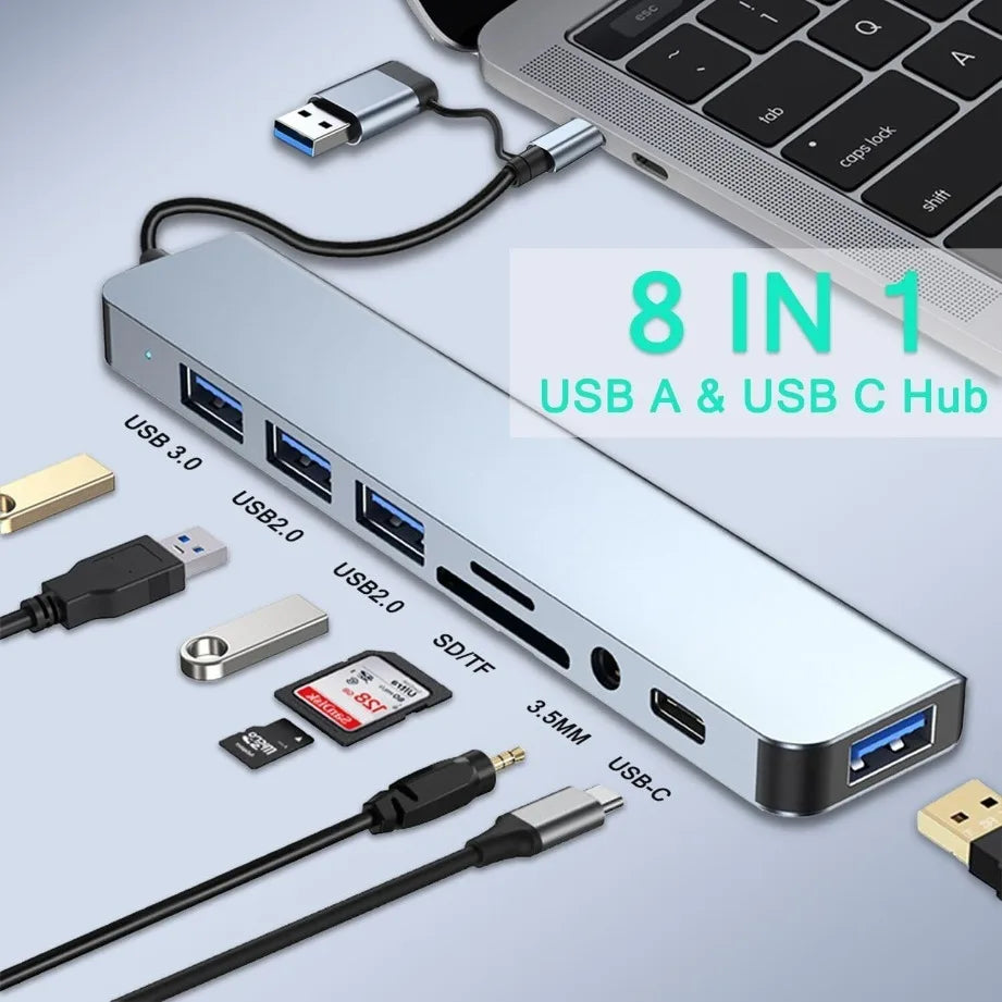 8-in-2 USB-C Hub – USB 3.0, SD/TF Card Reader & 3.5mm Audio for MacBook & Laptop