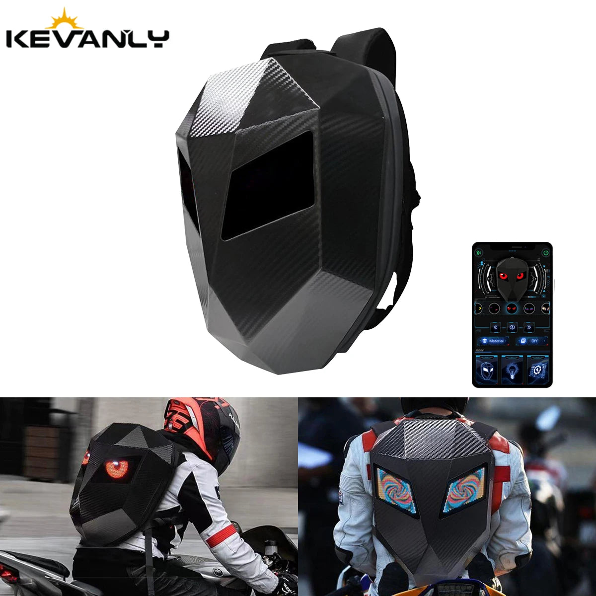 Mochila LED para motociclista, diseño de ojos brillantes, textura de fibra de carbono, casco, locomotora, mochila escolar, mochila para ordenador portátil de Moto