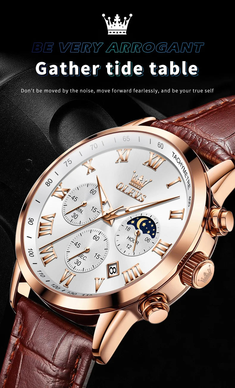 OLEVS-reloj de cuarzo deportivo para hombre, cronógrafo de lujo, resistente al agua, con correa de cuero, fase lunar, Masculino
