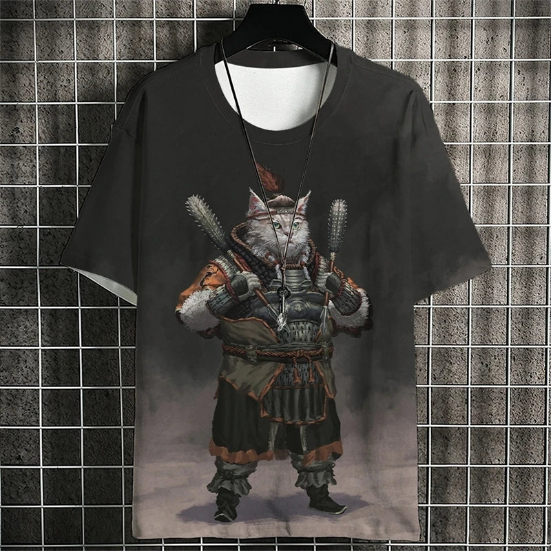 Camisetas con estampado de gato guerrero a la moda para hombre, camisetas con estampado de gato 3D y cuello redondo para verano, ropa informal de moda, camisetas Harajuku