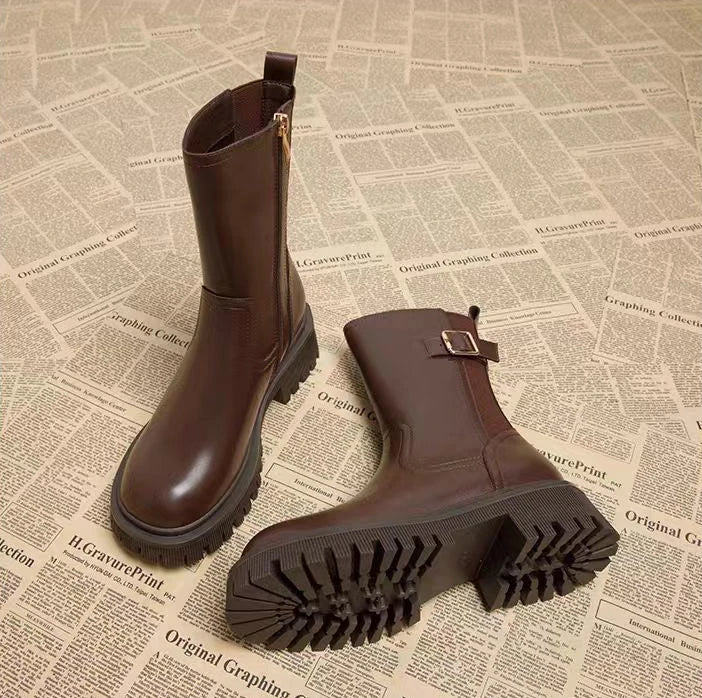 Botas medio altas para mujer, zapatos Chelsea con punta redonda a media pantorrilla para mujer, calzado marrón de tacón medio, oferta gótica de entretiempo para primavera y otoño