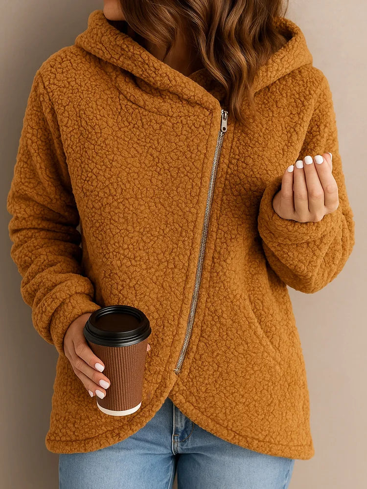 2025 Sudadera gruesa con forro polar para mujer, cárdigan con capucha y cremallera superior, chaqueta de lana de cordero de nuevo estilo a la moda para invierno