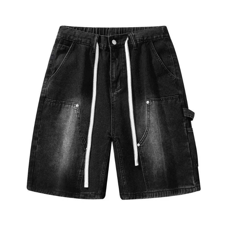 Streetwear Fashion Men's Denim Shorts Summer Loose Vintage Harajuku Spliced Hip-hop Cargo Moto Short Jeans Black Blue