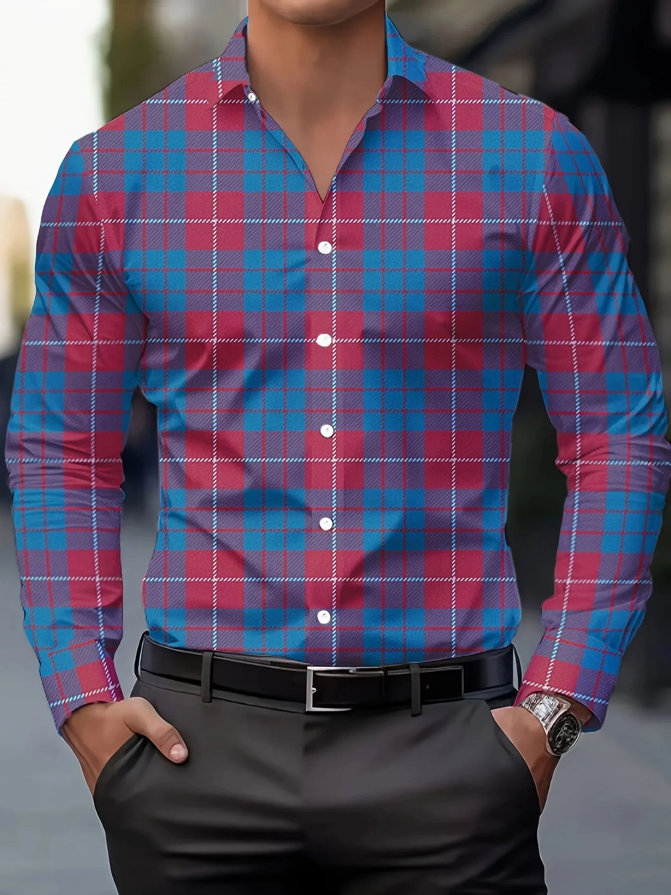 Camisa informal a cuadros de manga larga para hombre, tops a rayas, camisa transpirable con cuello de solapa con botones, ropa de negocios para otoño