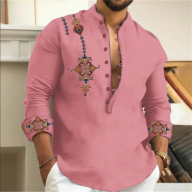 2025 Men's Shirt 15 Colors Tribe Pattern Printing Retro Geometry Leads Outdoor Street Long Sleeve Shirt Super Large Size S-5XL