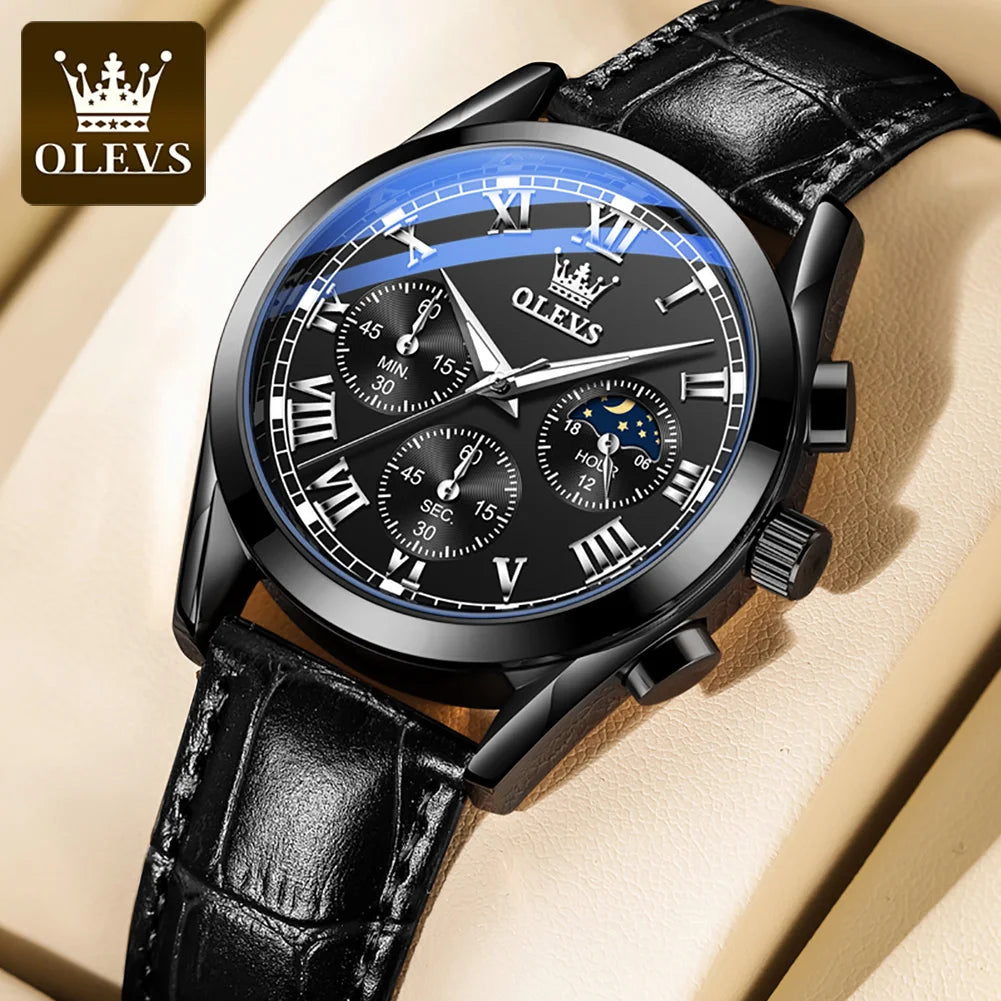 OLEVS 2871 reloj de cuarzo para hombre de la mejor marca, reloj de negocios noctilucente resistente al agua de lujo, correa de cuero, reloj de fase lunar, reloj Masculino