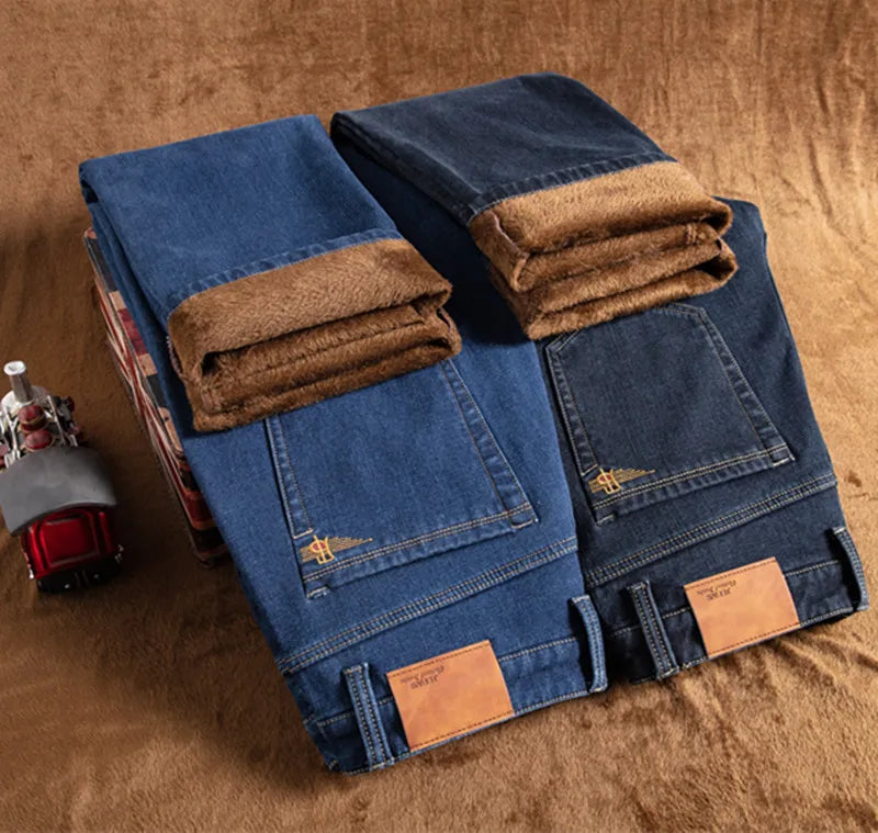 Pantalones vaqueros cálidos para hombre, pantalones de lana gruesos y cálidos para invierno, pantalones vaqueros informales holgados y rectos de talla grande 44 46 48, pantalones clásicos