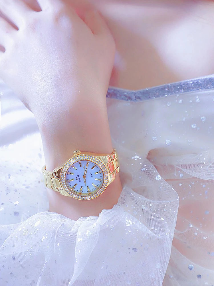 Relojes de pulsera de acero inoxidable para mujer, reloj dorado con diamantes de cristal, plateado