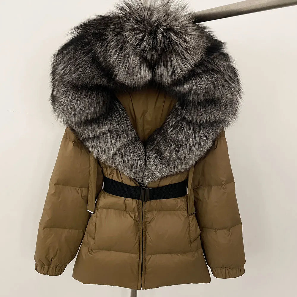OFTBUY 2025 nueva ropa de invierno para mujer, abrigo de plumón de pato blanco, chaqueta con capucha de piel de zorro Natural, chaqueta acolchada cálida a la moda para mujer
